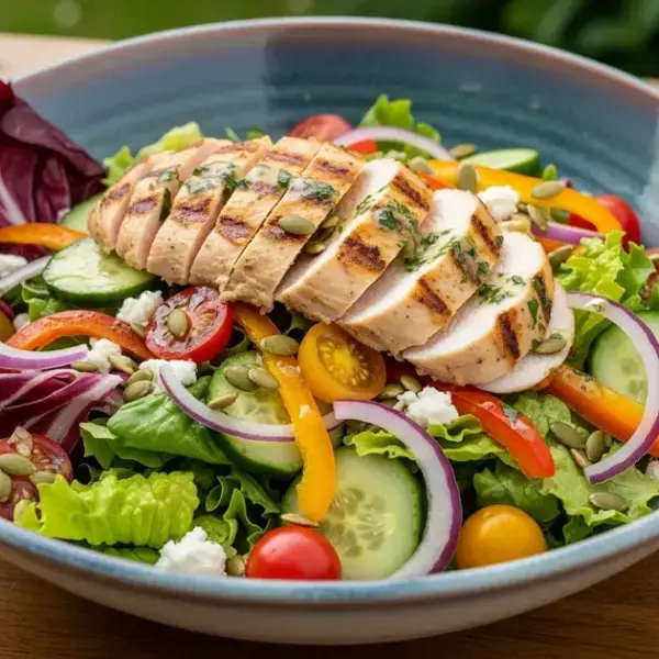 Bowl de salada com frango grelhado e abacate