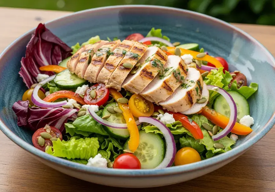 Bowl de salada com frango grelhado e abacate