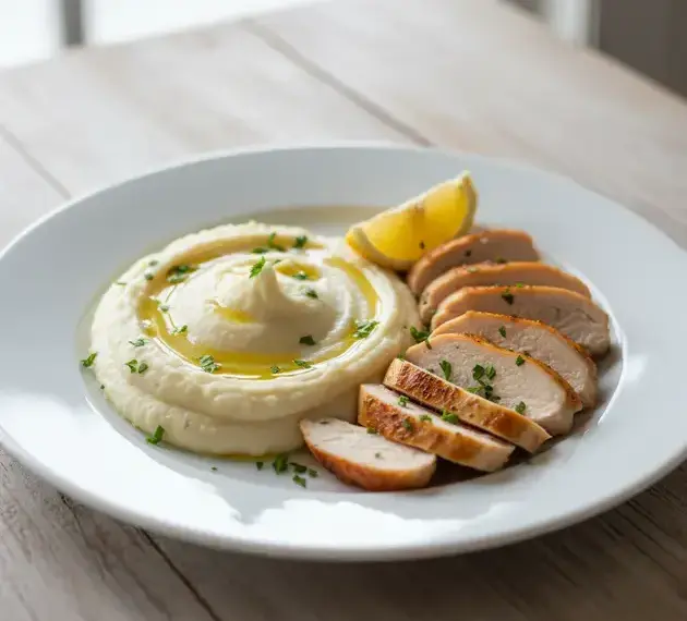 Purê de couve-flor com frango grelhado